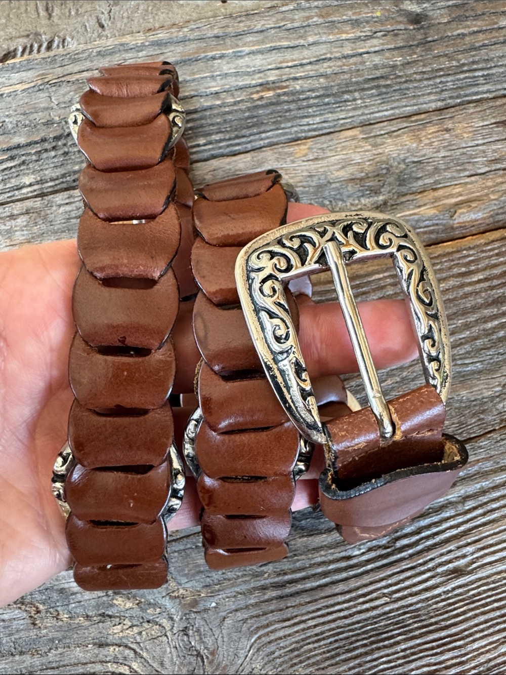 Donna Katz vintage leather tabbed belt silver Tone scrolling buckle large